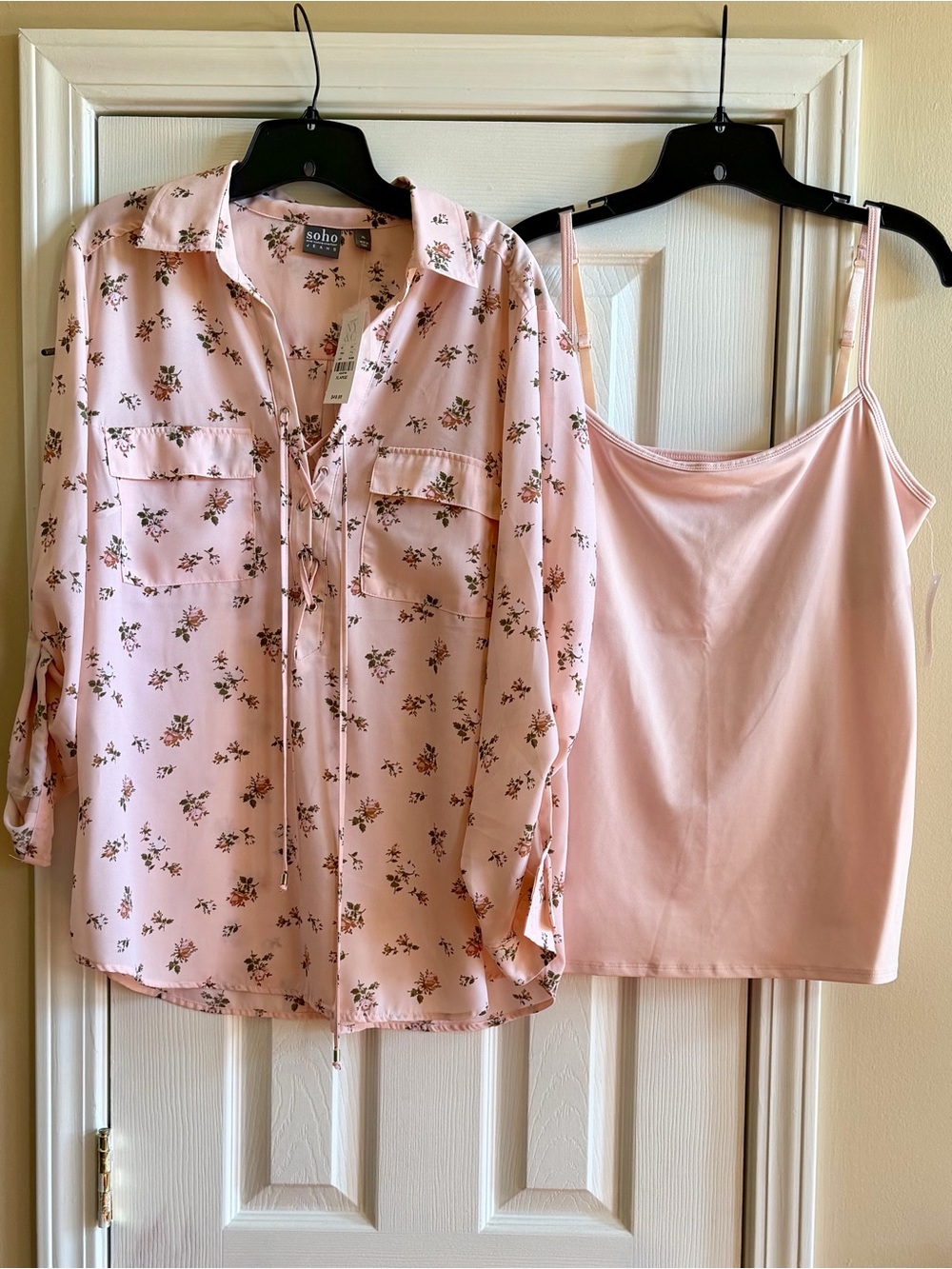 New York & Company Light Pink Floral Button-Up Shirt with Pink Cami